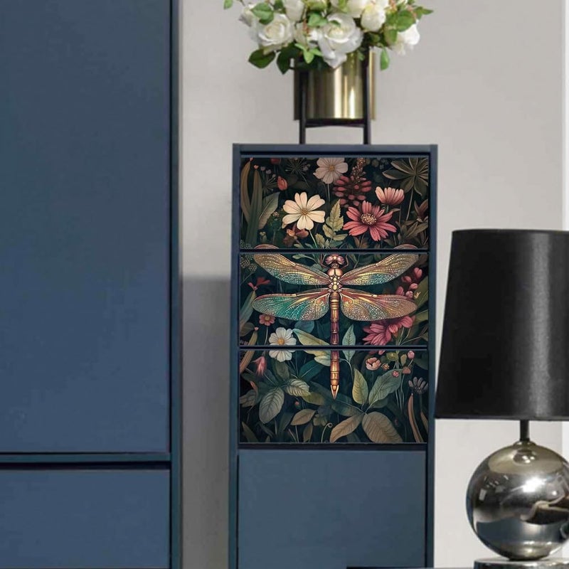 Peacoblue فرك على نقل ملصق مائي للأثاث الحرفية الديكور 6 ""x12"" خمر اليعسوب والزهور 3 قطع للماء الأشعة فوق البنفسجية نقل DTF لدرج خزانة زجاج البورسلين الخشب نافذة بلاستيكية - Image 5